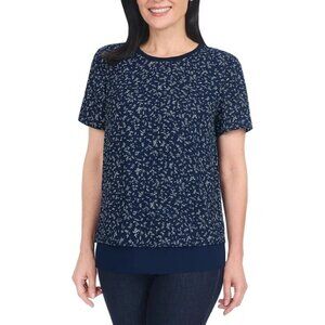 NEW Hilary Radley Women's S Navy Floral Print Chiffon Layered Blouse